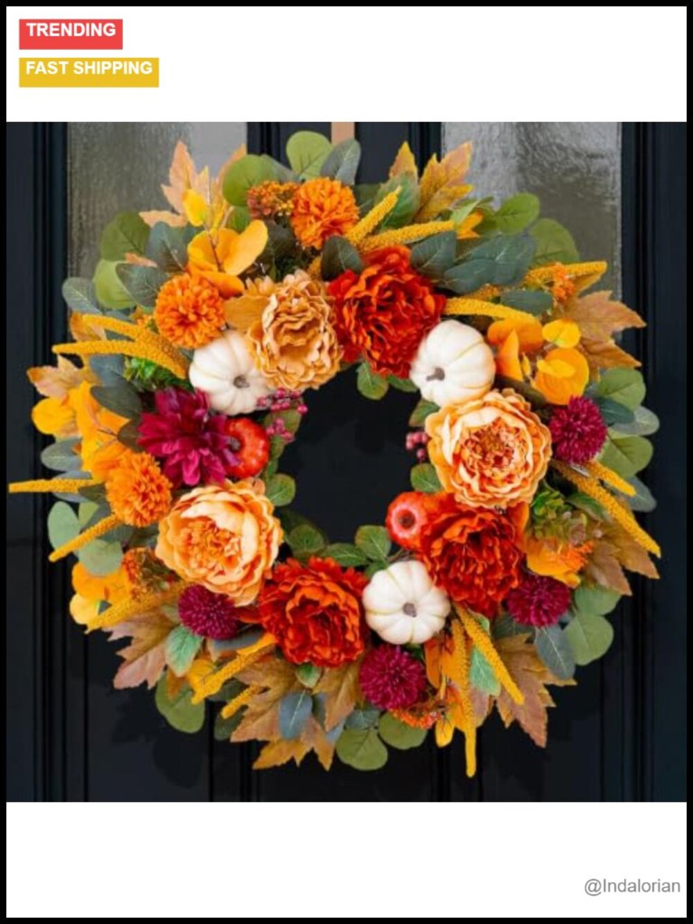 24 Inch Artificial Fall Wreath Foam Leaves Silk Fabric Front Door Decor